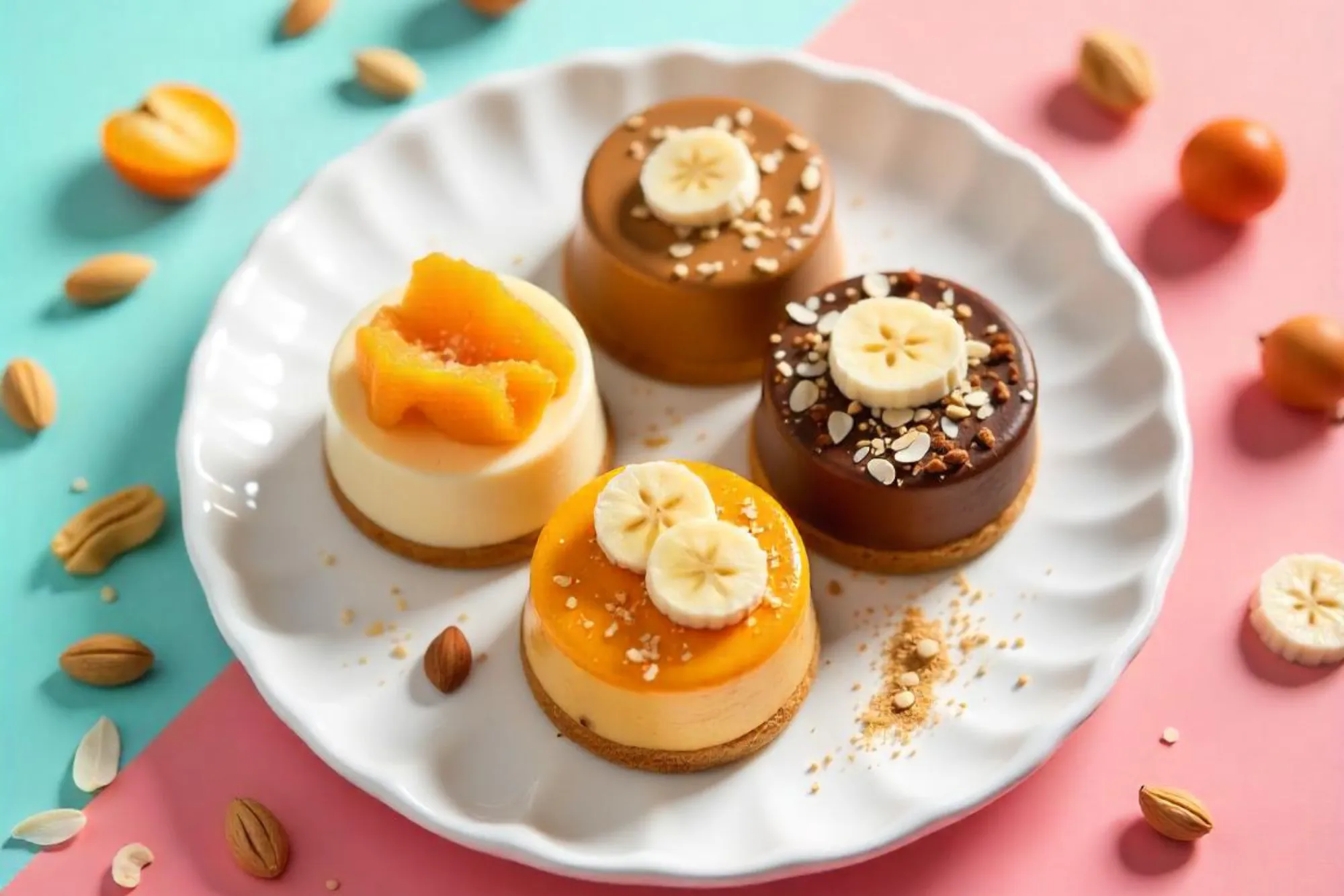 kit 4 Mini Bolinhos de Laranja com Damasco e Coco, Amendoim e Brigadeiro, Cacau e Mix de Sementes, Nozes e Banana